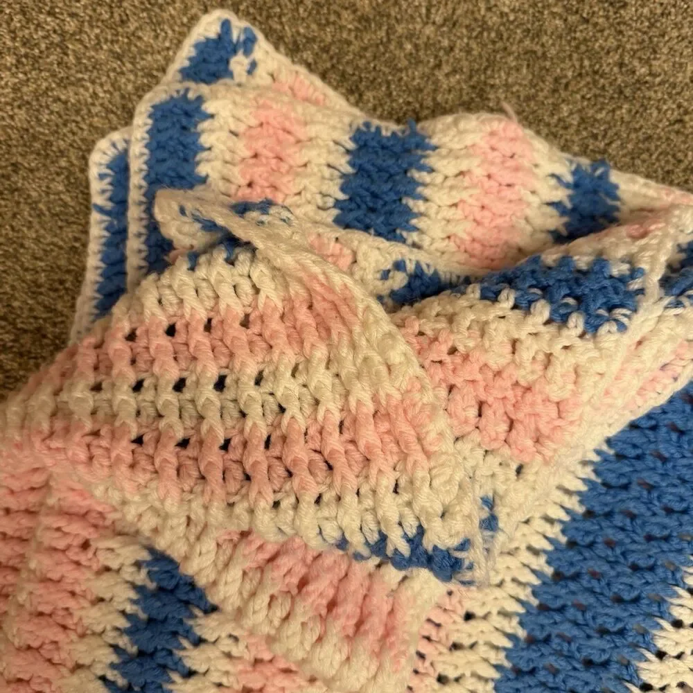 Crocheted Baby Blanket 50x80 Inches Blue Pink and White Handmade Soft Thick Nice